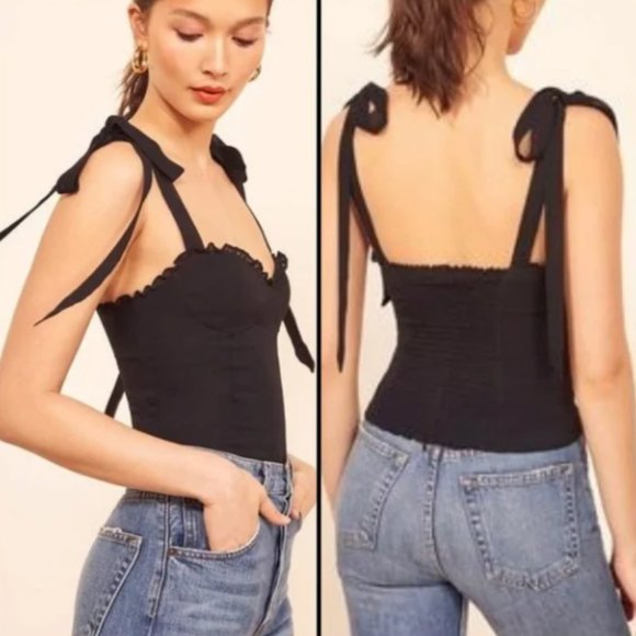 Reformation Tops - Reformation Blanca Smocked Tie Shoulder Tank - in Black